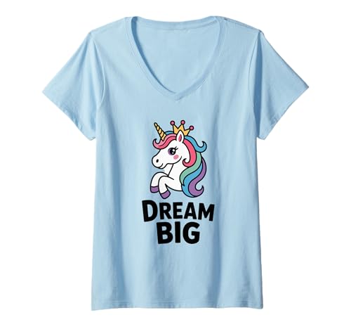 Damen Süßes Cute Einhorn Dream Big Design Kinder Jungen Mädchen T-Shirt mit V-Ausschnitt Damen Süßes Cute Einhorn Dream Big Design Kinder Jungen Mädchen T-Shirt mit V-Ausschnitt von Fantasie Magie Einhorn-Liebhaber Kleidung Co