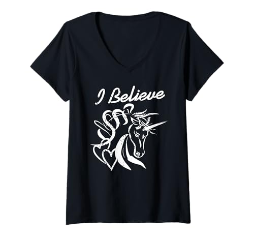 Damen Ich Glaube An Einhorn Magie Herz Traum Wesen T-Shirt mit V-Ausschnitt von Fantasie Zauberhafte Kreaturen Für Träumer