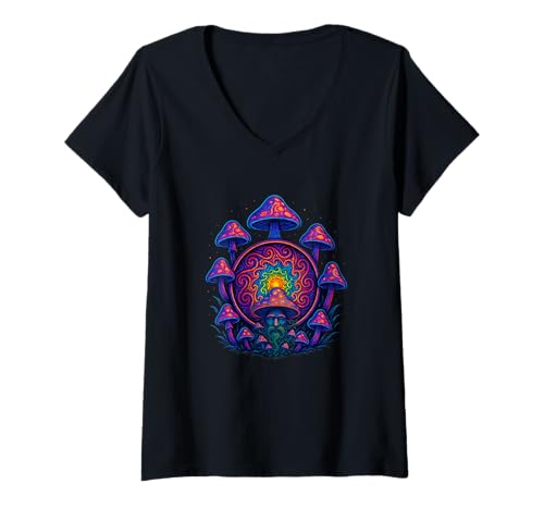 Damen Mystischer Pilzgeist Fantasievoll Psychedelic Kunst Mandala T-Shirt mit V-Ausschnitt Damen Mystischer Pilzgeist Fantasievoll Psychedelic Kunst Mandala T-Shirt mit V-Ausschnitt von Fantasievoll Psychedelic Kunst Mandala, d.b.A.i.