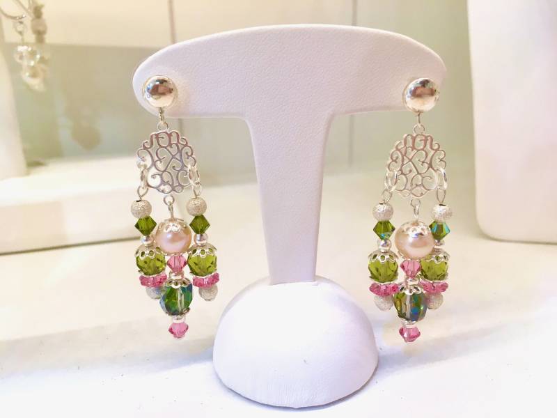 925 Silber Ohrringe Mit Perlen Und Rosagrünen Swarovski Kristallen 925 Silber Ohrringe Mit Perlen Und Rosagrünen Swarovski Kristallen von FantasjaCreations