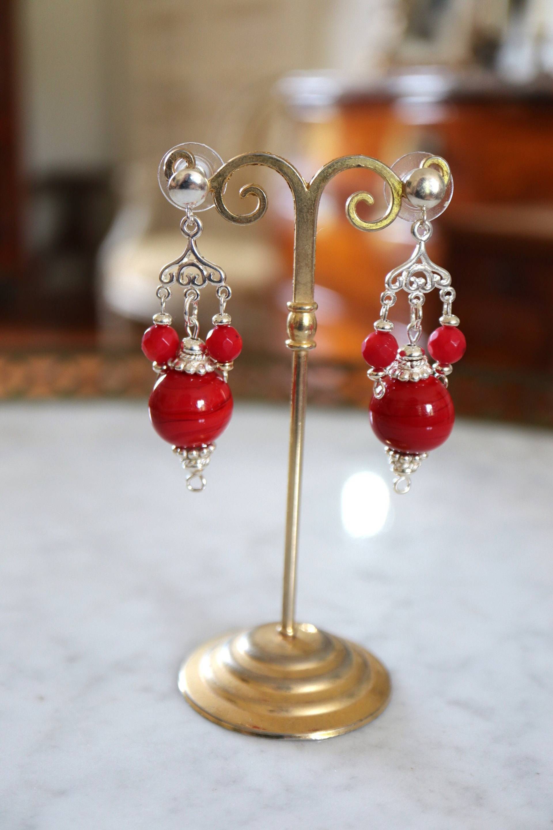 Ohrring Aus Sterlingsilber, Rotem Muranoglas Und Rot Getöntem Seebambus Ohrring Aus Sterlingsilber, Rotem Muranoglas Und Rot Getöntem Seebambus von FantasjaCreations
