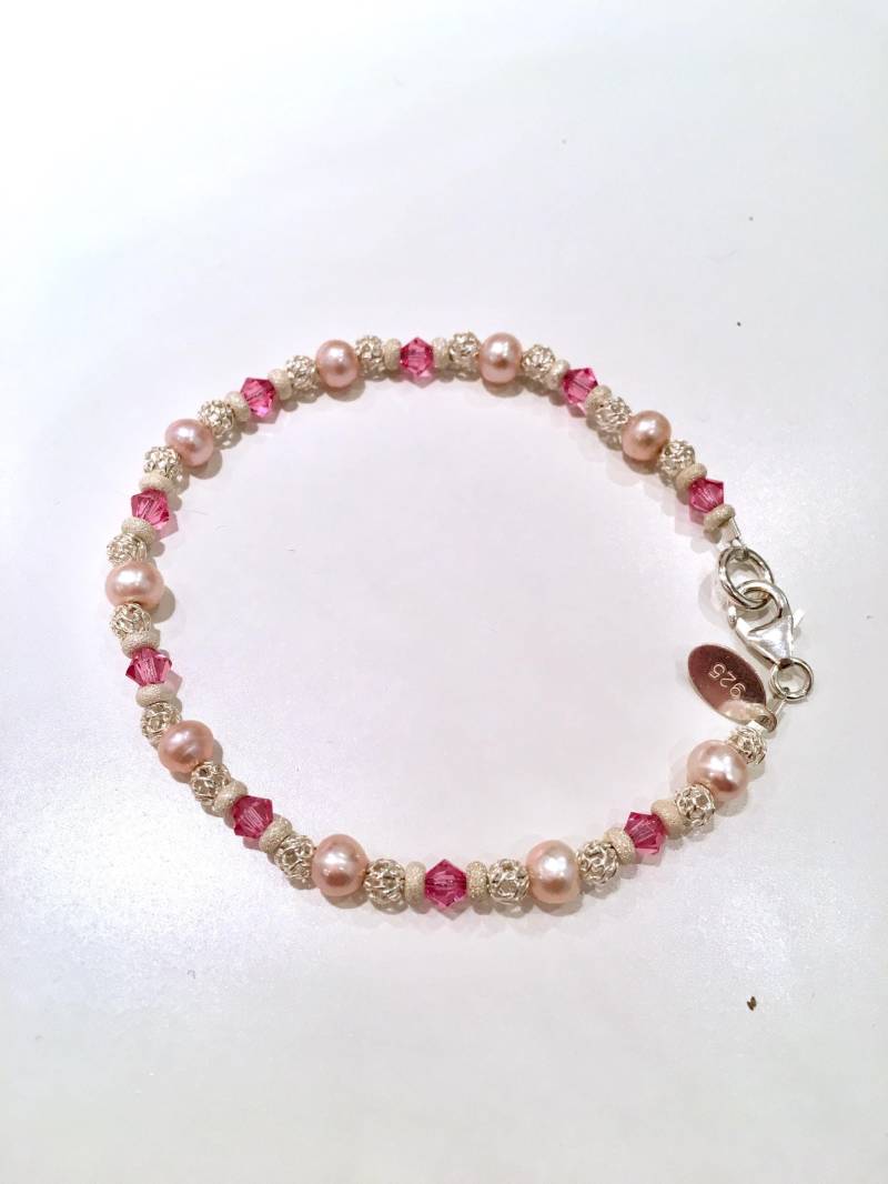 Perlenarmband Aus 925Er Silber, Barockperlen Und Rosa Swarovski-Kristalle von FantasjaCreations