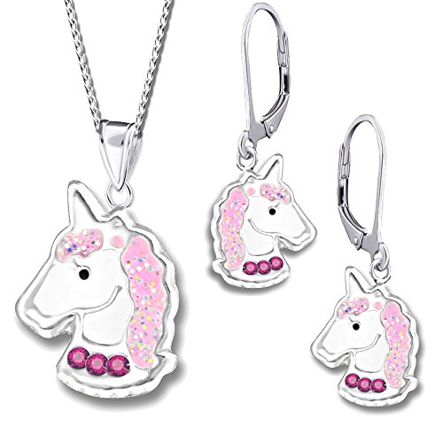 Mädchen Einhorn Set Halskette mit Anhänger Ohrhänger echt 925 Sterling Silber mit Zirkonia Ohrringe Pferde Brisur Pink K236+K239 40cm von Fantastic Nails GmbH