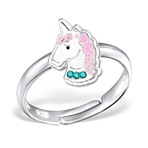 Mädchen Ring echt 925 Sterling Silber mit Zirkonia Kinder Fingerring Kristall Glitzer Einhorn Pferd K246 Rosa Wasserblau von Fantastic Nails GmbH