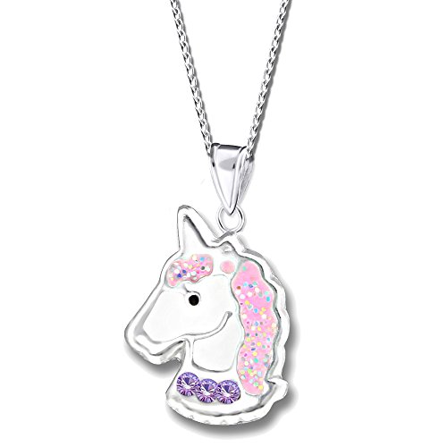 Kinder-Kette mit Anhänger echt 925 Sterling Silber mit Zirkonia Glitzer Mädchen Halskette Schmuckset Pferde Einhorn K240o + 40cm von Fantastic Nails GmbH