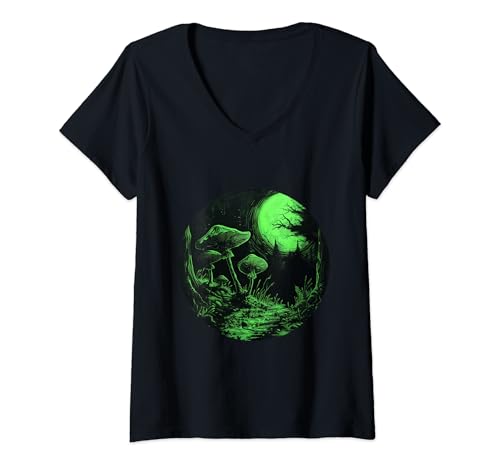 Damen Pilz Pilze im Mondschein. Wald bei Nacht T-Shirt mit V-Ausschnitt Damen Pilz Pilze im Mondschein. Wald bei Nacht T-Shirt mit V-Ausschnitt von Fantastic festival thoughts