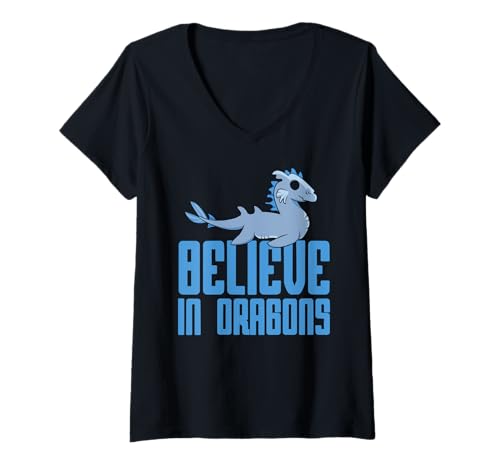 Damen Glaube an Drachen Lustiger Magie Fantasy Spruch T-Shirt mit V-Ausschnitt von Fantastische Drachenfreunde & Zauberwesen
