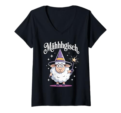 Damen Mähhhgisch Schaf Mit Zauberhut T-Shirt mit V-Ausschnitt Damen Mähhhgisch Schaf Mit Zauberhut T-Shirt mit V-Ausschnitt von Fantastische Magische Schaf Abenteuer