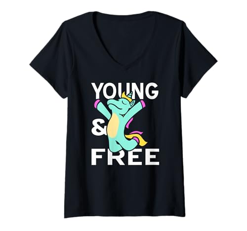 Damen Jung Und Frei Bunter Einhorn Cartoon Spaß Thema T-Shirt mit V-Ausschnitt Damen Jung Und Frei Bunter Einhorn Cartoon Spaß Thema T-Shirt mit V-Ausschnitt von Fantastisches Fabelwesen Mit Regenbogenenergie
