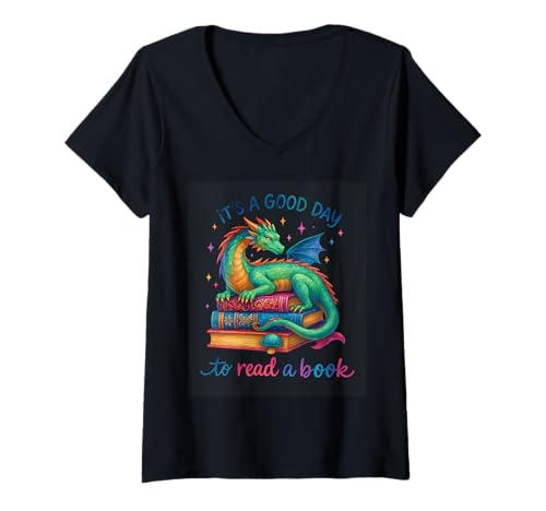 Damen Es ist EIN guter Tag, um EIN Buch zu lesen Dragon Art T-Shirt mit V-Ausschnitt Damen Es ist EIN guter Tag, um EIN Buch zu lesen Dragon Art T-Shirt mit V-Ausschnitt von Fantasy Bookworm Dragon Reading Enthusiast