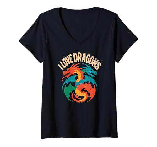 Damen Ich Liebe Drachen, Liebhaber mythischer Kreaturen T-Shirt mit V-Ausschnitt Damen Ich Liebe Drachen, Liebhaber mythischer Kreaturen T-Shirt mit V-Ausschnitt von Fantasy Dragon Enthusiasts Unite