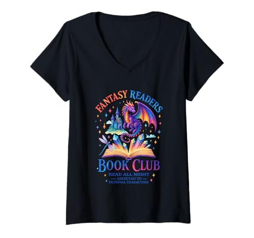 Damen Fantasy Readers Book Club Süchtige Charaktere T-Shirt mit V-Ausschnitt Damen Fantasy Readers Book Club Süchtige Charaktere T-Shirt mit V-Ausschnitt von Fantasy Dragons Magical Readers Club
