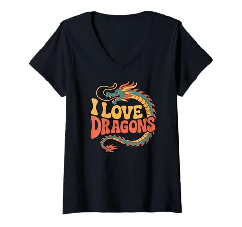 Damen Ich Liebe Drachen-Fans, Design T-Shirt mit V-Ausschnitt Damen Ich Liebe Drachen-Fans, Design T-Shirt mit V-Ausschnitt von Fantasy Enthusiast Mythical Creatures