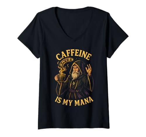 Damen Caffeine is My Mana Kaffee Magie Spruch T-Shirt mit V-Ausschnitt Damen Caffeine is My Mana Kaffee Magie Spruch T-Shirt mit V-Ausschnitt von Fantasy Kaffeeliebhaber Magier Zauberer
