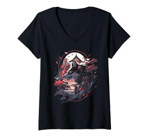 Damen Japanisch Wolf Wölfe Mythologie Natur Anime Otaku T-Shirt mit V-Ausschnitt Damen Japanisch Wolf Wölfe Mythologie Natur Anime Otaku T-Shirt mit V-Ausschnitt von Fantasy Kunst Samurai Manga Kirschblüte