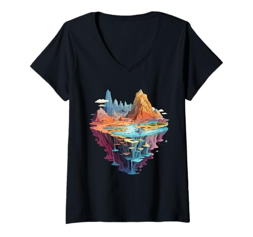 Damen Floating Island Fantasy Berglandschaft Kunstwerk T-Shirt mit V-Ausschnitt Damen Floating Island Fantasy Berglandschaft Kunstwerk T-Shirt mit V-Ausschnitt von Fantasy Landscape Floating Island Mountains