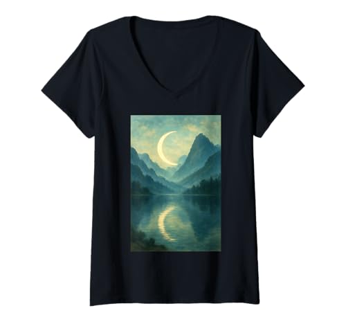 Damen Halbmond über Bergen Kunstwerk T-Shirt mit V-Ausschnitt Damen Halbmond über Bergen Kunstwerk T-Shirt mit V-Ausschnitt von Fantasy Landscapes
