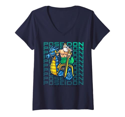 Damen Poseidon Krieger Ozean König Dreizack Legende T-Shirt mit V-Ausschnitt Damen Poseidon Krieger Ozean König Dreizack Legende T-Shirt mit V-Ausschnitt von Fantasy-Mythen-Fans und Meeresgott-Reiter