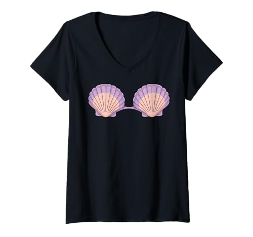 Damen Cute Seashell Purple Bra Style for Mermaid Aesthetic Fans T-Shirt mit V-Ausschnitt von Fantasy Ocean Vibes with Mermaid Shell Top Style