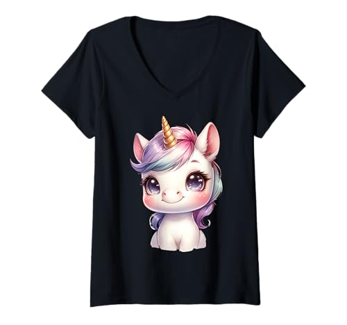 Damen Süßes Einhorn Design mit Regenbogenmähne T-Shirt mit V-Ausschnitt Damen Süßes Einhorn Design mit Regenbogenmähne T-Shirt mit V-Ausschnitt von Fantasy Tiere Kawaii Einhorn Fanartikel