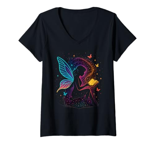 Damen Bücherwurm-Feen-Silhouette mit magischen Lesestimmungen T-Shirt mit V-Ausschnitt von Fantasy Wings Butterfly Reading Aesthetic