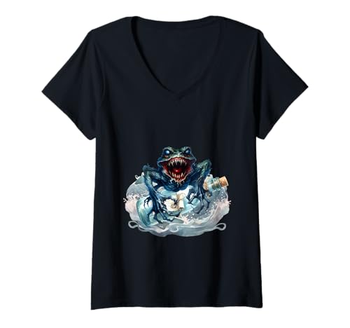 Damen Seemonster Flaschenpost Meer Monster Märchenfigur Fantasy T-Shirt mit V-Ausschnitt Damen Seemonster Flaschenpost Meer Monster Märchenfigur Fantasy T-Shirt mit V-Ausschnitt von Fantasy mystisch Märchenfigur