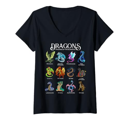 Damen Verschiedene Drachenarten - Drachen T-Shirt mit V-Ausschnitt Damen Verschiedene Drachenarten - Drachen T-Shirt mit V-Ausschnitt von Fantasy & Mythologie Drachen