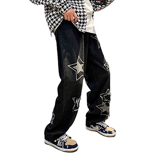 FantasyGears Y2k Herren-Jeans, Grunge-Hip-Hop, Baggy-Hose, gerades Bein, Grafik, Denim, Jogger, lockere Gothic-Hose, Streetwear, A#star-black, Mittel von FantasyGears