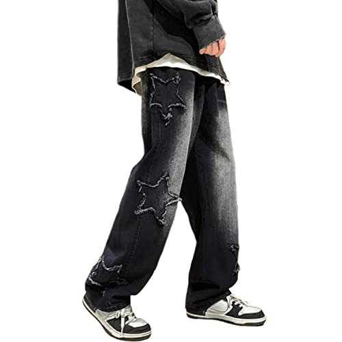 FantasyGears Y2k Jeans Herren Grunge Baggy Hip Hop Hose Straight Leg Graphic Denim Joggers Loose Gothic Hose Streetwear, Stern #5 - Schwarz, Klein von FantasyGears