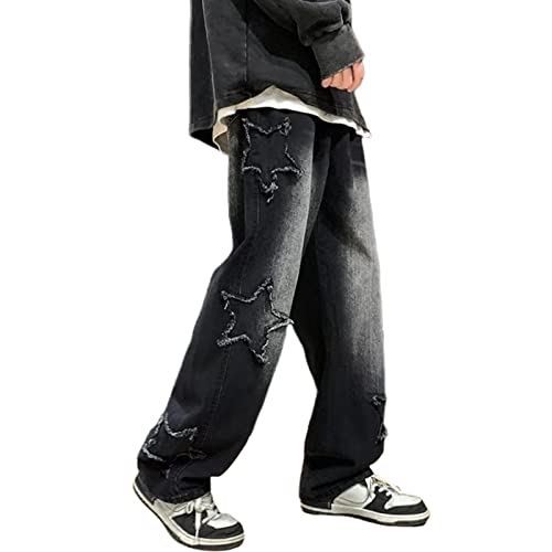 FantasyGears Y2k Jeans Herren Grunge Baggy Hip Hop Hose Straight Leg Graphic Denim Joggers Loose Gothic Hose Streetwear, Stern #5 - Schwarz, X-Groß von FantasyGears