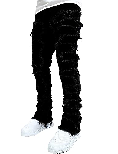 Herren Zerrissene Jeans Y2k Hip Hop Denim Hose Straight Leg Skinny Slim Fit Biker Jeans, H2#schwarz, Mittel von FantasyGears