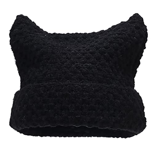 Katzenohren-Beanie, Y2K, gestreift, gehäkelt, Vintage-Grunge-Accessoires, lässige Beanies für Frauen, B#schwarz, Einheitsgröße von FantasyGears