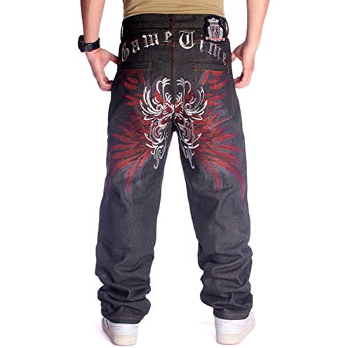 Y2k Baggy Jeans für Herren Grunge Vintage Relaxed Fit Skateboard Jeans Lose Stickerei Hip Hop Dance Denim Hose, H#schwarz, 48 von FantasyGears