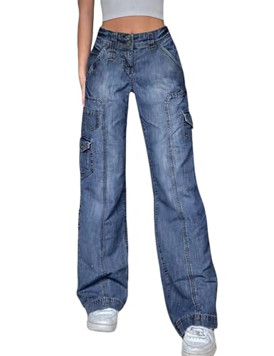 Y2k Hosen Frauen Ästhetische Baggy Jeans Breites Bein Vintage Denim Hosen E-Girl Ästhetische Hosen Streetwear, Xc-blue, S von FantasyGears