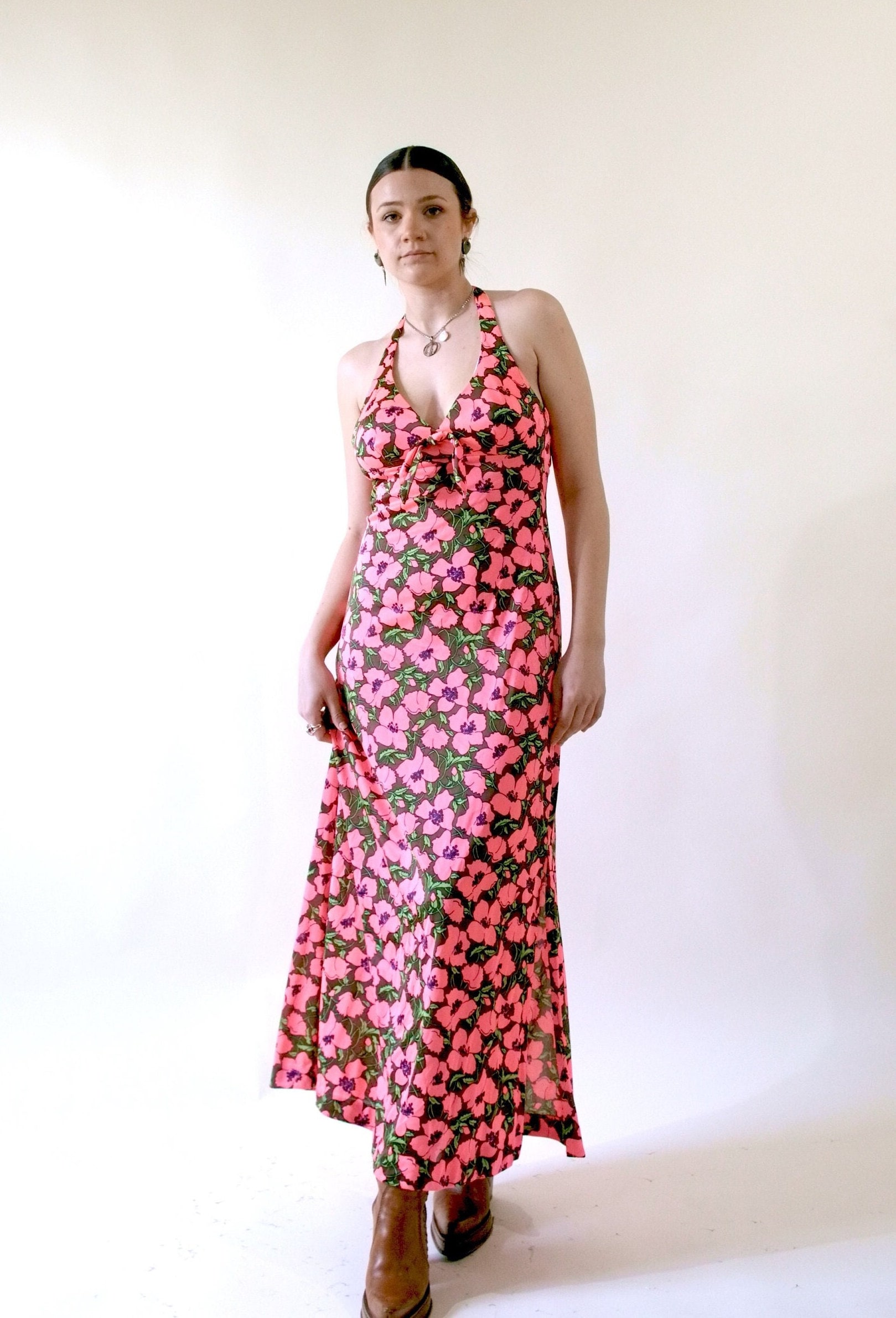 Rosa Blumen 70Er Maxi Kleid Sommer Sommerkleid von FantasyGirlVintage