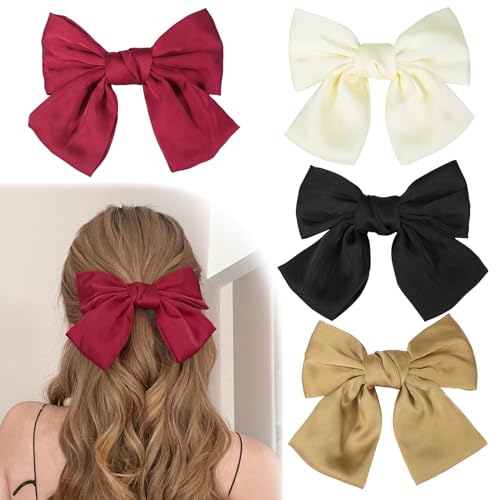 Haarspange mit Schleife, einfarbig, französische Schleife, Haarspange, weicher Satin, seidige Haarschleifen für Damen und Mädchen (Schwarz, Beige, Champagner und Rot), 4 Stück von Fantasyon