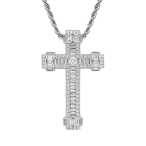 Fantex 14 Iced Out Zepter Kreuz Halskette, Full Bling Baguette CZ Diamant Anhänger mit Seilkette, Vergoldeter Hip Hop Schmuck für Männer Frauen (White) von Fantex