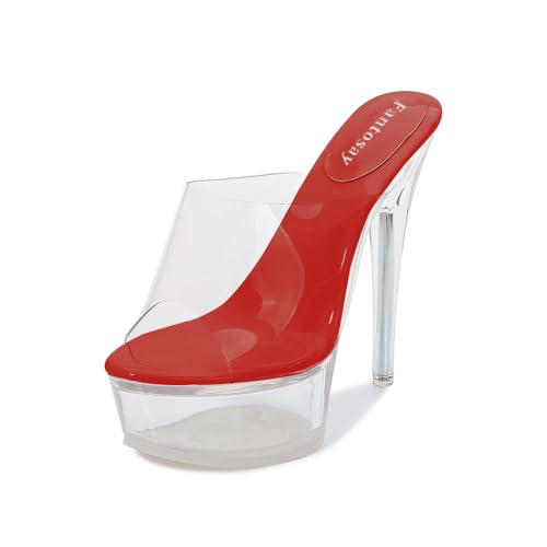 Fantoesay Damen Klar Super High Heels Sandalen Plateau High Heels Transparent Stiletto Slip on Schuhe, Rot/Ausflug, einfarbig (Getaway Solids), 37.5 EU von Fantoesay