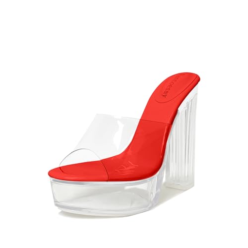 Fantoesay Damen Klare Plateau-Sandalen Chunky Heel Pantoletten Slip On Sandalen, Rot/Ausflug, einfarbig (Getaway Solids), 41 EU von Fantoesay