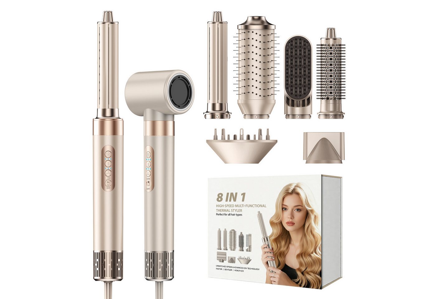 Fanttik Warmluftbürste Airstyler Lockendreher, Haarstyler, 8 in 1 Haarstyler Hitzeschaden, 1300 Watt alleHaarlängen, mit 8Aufsätzen, Salon One-StepHaartrockner von Fanttik
