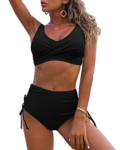 Fanuerg Damen-Bikini, verdreht, vorne mit hoher Taille, mit Kordelzug, seitlicher Unterseite, zweiteiliger Badeanzug - Schwarz - X-Large von Fanuerg