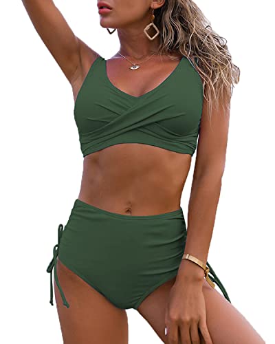 Fanuerg Damen-Bikini, verdreht, vorne mit hoher Taille, mit Kordelzug, seitlicher Unterseite, zweiteiliger Badeanzug - Grün - XX-Large von Fanuerg