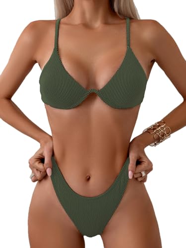 Fanuerg Damen-Bikini mit Bügel, Triangel-Bikini, Spaghettiträger, Push-Up-Badeanzug, frech, zweiteiliger Badeanzug, Dunkelgrün, Medium Fanuerg Damen-Bikini mit Bügel, Triangel-Bikini, Spaghettiträger, Push-Up-Badeanzug, frech, zweiteiliger Badeanzug, Dunkelgrün, Medium von Fanuerg
