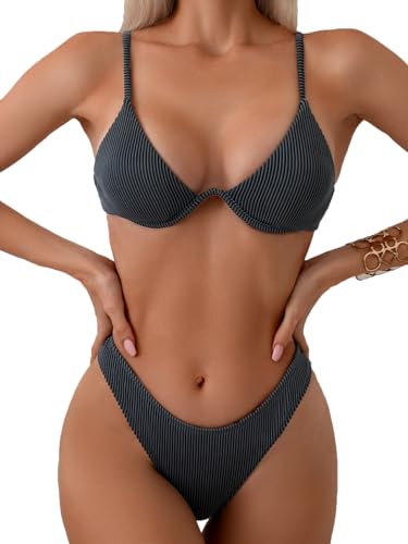 Fanuerg Damen-Bikini mit Bügel, Triangel-Bikini, Spaghettiträger, Push-Up-Badeanzug, frech, zweiteiliger Badeanzug, grau dunkel, Medium von Fanuerg