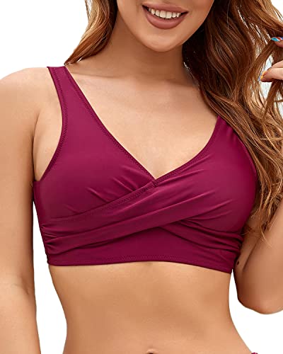 Fanuerg Damen Twist Front Bikini Top V Ausschnitt Push Up Gepolsterter Badeanzug Top Badeanzüge, 02 Raffhalter - Amaranth, Large von Fanuerg