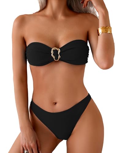Fanuerg Trägerloses Bandeau-Bikini-Set für Damen, Ring-Raffhalter, Zweiteiliger Badeanzug, hoher Schnitt, freche Badeanzüge, Schwarz, S von Fanuerg