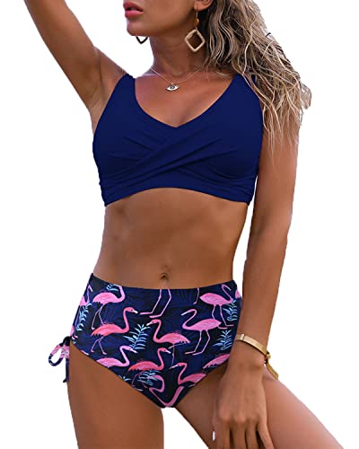 Fanuerg Women's Twist Front High Waisted Bikini Swimsuit Drawstring Tie Side Bottom Two Piece Bathing Suit Navy Blue Flamingo XL von Fanuerg