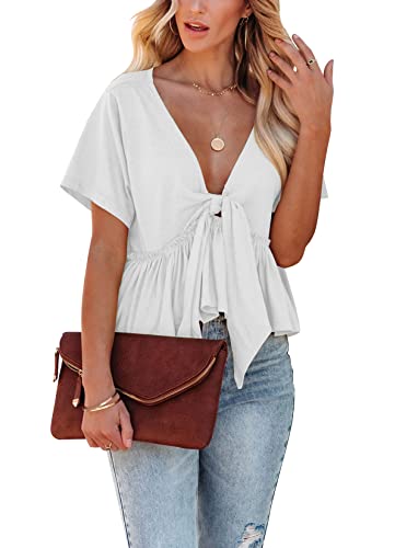 Fanway&EC Damen Kurzarm V Ausschnitt Blusen Rüschensaum Tie Front Bauchfrei Crop Tops Leichte Basic Sommer Tops, Weiß, X-Groß von Fanway&EC