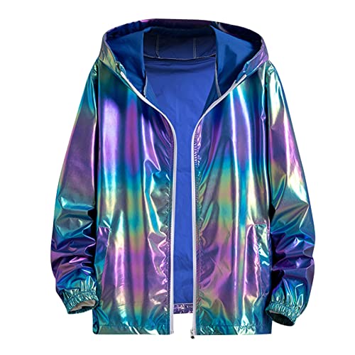 FaonKeen Jacket for Men's Long Sleeves Zipper Drawstring Hoodies Regenjacke Hooded Windbreaker Rainbow Reflective Coat Fashion Holographic Runing Pocket Mantel von Faonkeew