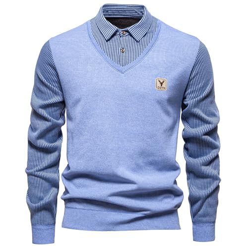 Faonkeew Hemd Pullover Herren 2 in 1 V Ausschnitt Strickpullover Männer Winter Pullover Langarm Strick Pulli mit Hemdkragen Slim Fit Männer Winterpullover Warm Strick Top Sweatshirt von Faonkeew